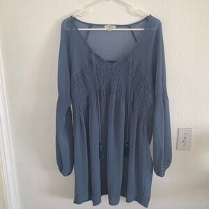 Umgee USA Blue Tunic Dress‎ Long Sleeve V Neck Tassel Detail Size L